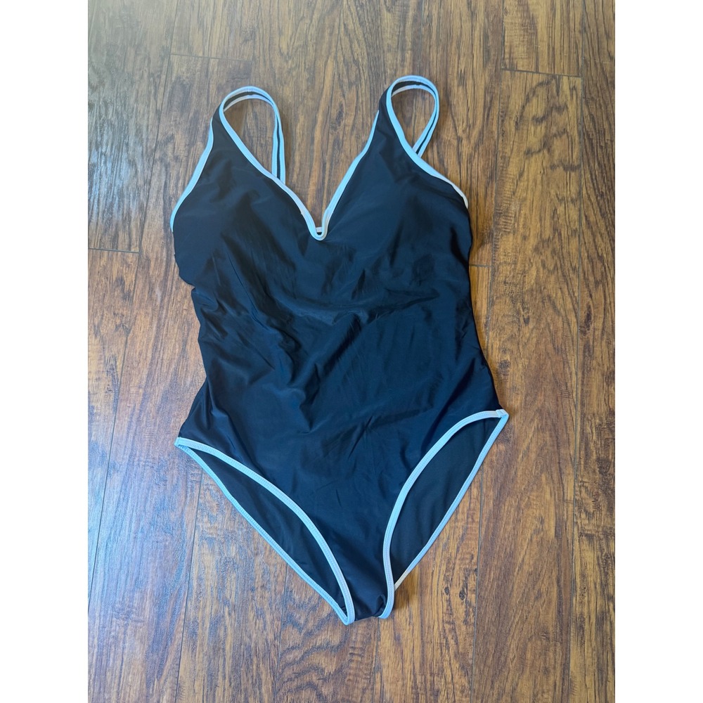 Black and White Contrast Piping One Piece Swimsuit V-Neck Adjustable Straps XL